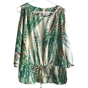 ECI ivory turquoise green feather cold shoulder tie waist blouse top Size M